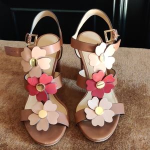 Leather flower block heels